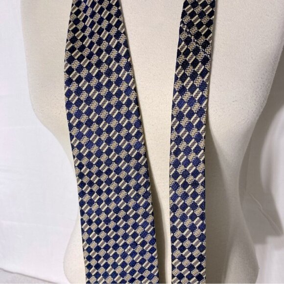 Vintage Ermenegildo Zegna Blue Tan Square Print 100% Silk Tie - Picture 8 of 9